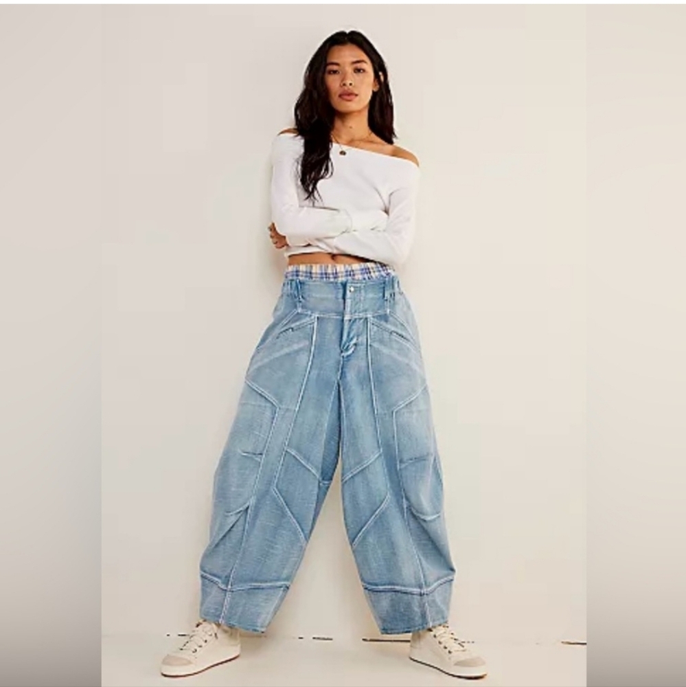 Free People Washed Patchwork Light Blue Wide-Leg Jeans